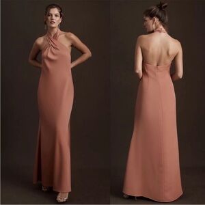 Anthropologie- BHLDN Ruby Twist Halter Neck Satin Gown Maxi Dress Sedona Size 12